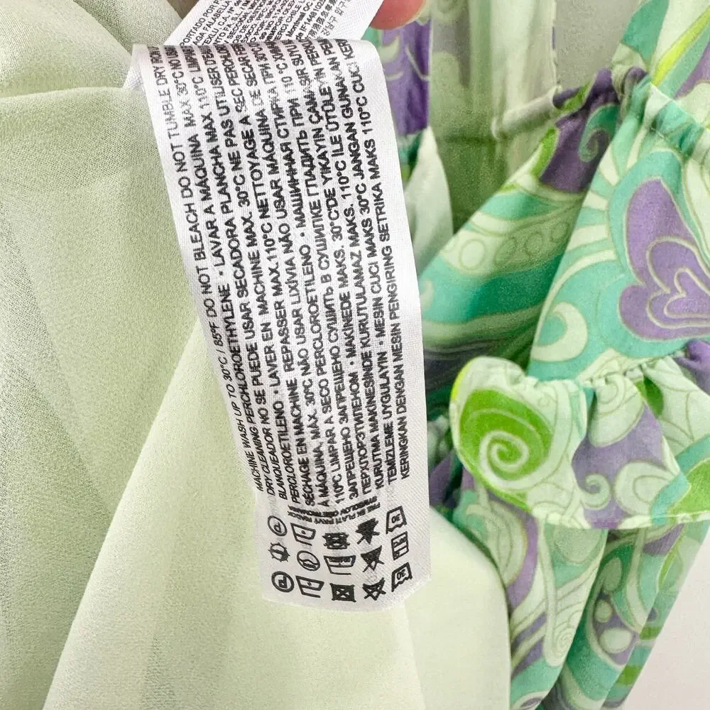 Mango Maxi Dress Chiffon Printed Ruffle Resort Boho Green A Line Medium NWT - Picture 10 of 16